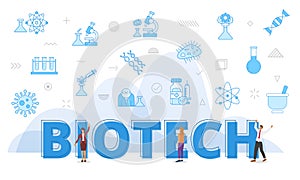 biotechnology concept with big words and people surrounded by related icon with blue color style