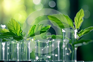 Biotechnology concept with green plant leaves, laboratory glassware, and conducting research