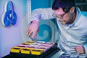 Biotechnology concept with scientist in lab. Scientist watering a plant with a special solution.