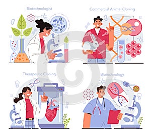 Biotechnology concept set. Cellular and biomolecular processes research