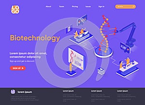 Biotechnology isometric landing page. DNA sequence cloning and recombination isometry web page. Genetic engineering template,