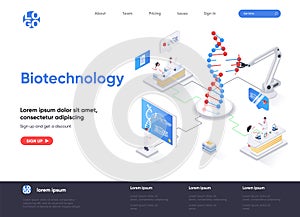 Biotechnology isometric landing page. DNA sequence cloning and recombination isometry web page. Genetic engineering template,