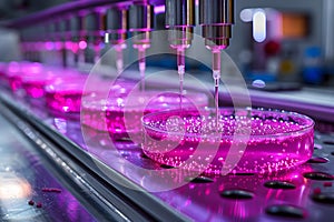 Biotechnology Lab: Automated Liquid Handling System with Vibrant Pink Solutions in Petri Dishes Generative AI photo