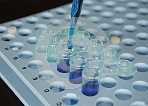 Biotechnology preparing vials with pipette photo