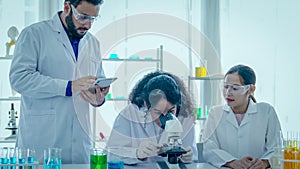 Biotechnology researcher scientist working look microscope in the medical development laboratory for vaccine development.