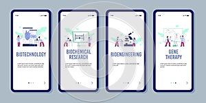 Biotechnology science and technology mobile page set, flat vector illustration.