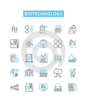 Biotechnology vector line icons set. Biotech, Genetics, Bioengineering, Genomics, Recombinant, Microbiology, Enzymes