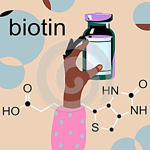 Biotin or Vitamin B7 with Chemical formula.Essential nutrient.Hand holds bioactive complex jar with pills. photo