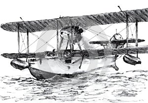 Biplane flying boat on water surface