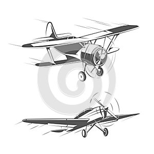 Biplane and monoplane aircrafts for vintage emblems, badges logos vector set