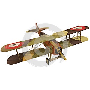 Biplane from World War with military camouflage. Model aircraft propeller.