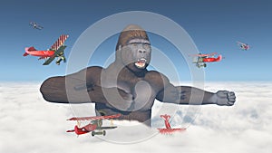 Biplanes attack a giant gorilla
