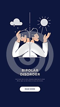 Bipolar disorder banner. Man suffers from mood swings, split mania and depression period. Manic depression, Mental