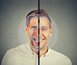 Bipolar disorder concept. Young man with double face expression