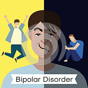 Bipolar disorder concept. Young man with double face expression and at different poses.