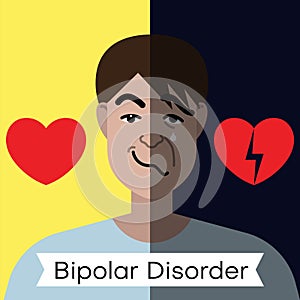 Bipolar disorder concept. Young man with double face expression and red heart.