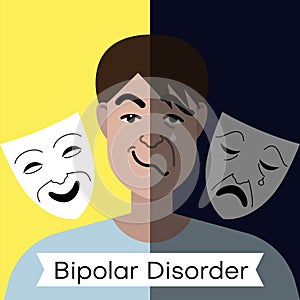 Bipolar disorder concept. Young man with double face expression and theater masks
