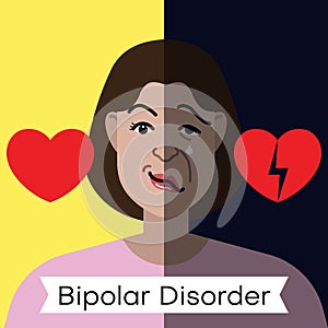 Bipolar disorder concept. Young woman with double face expression and red heart
