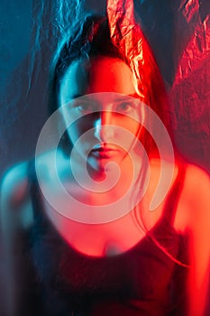 Bipolar disorder red blue color light woman face