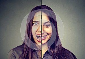 Bipolar disorder and split personality concept. Woman with double face expression