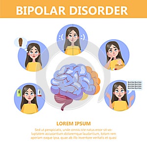 Bipolar disorder symptoms infographic of mental health disease.