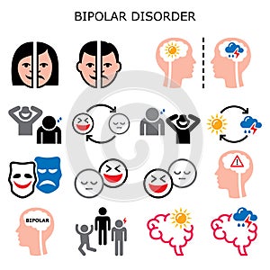 Bipolar disorder vector color icons - mental health concept, people experiencing extreme happiness and sadness