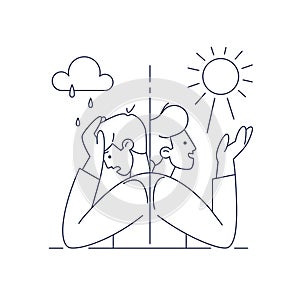 Bipolar disorder vector illustration. Man suffers mood swings, mania and depression period split. Editable stroke