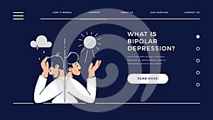 Bipolar disorder web template. Man suffers from mood swings, split mania and depression period. Manic depression, Mental