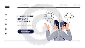 Bipolar disorder web template. Man suffers from mood swings, split mania and depression period. Manic depression, Mental photo