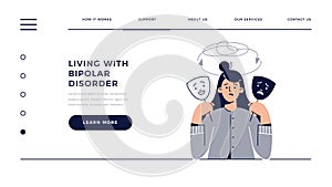 Bipolar disorder web template. Woman shows two face mask with happy and unhappy mood. Manic depression, mental disorder