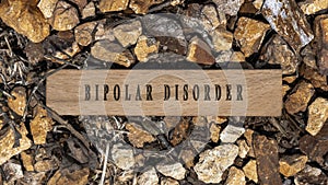 bipolar disorder. Written on wooden surface. Wooden frame on pieces of stone. Diseases and treatments