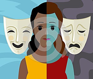 Bipolar double personality mental disorder african girl woman theater masks