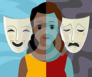 Bipolar double personality mental disorder african girl woman theater masks photo