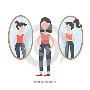 Bipolar mental disorder. Sad and happy girl vector illustration