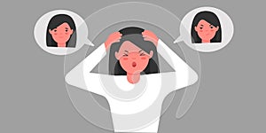 Bipolar personality disorder in a young girl. The woman is holding her head with her hands and screaming. Psychological and mental