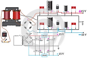 Bipolar power supply, which uses a step-down voltage transformer, diode bridge, constant capacitors