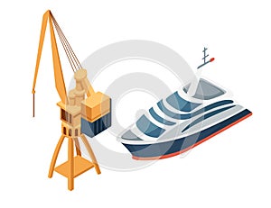 Bir cruise ship with mobile harbor crane vector illustration isolated on white background