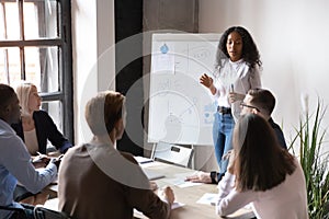 Biracial female speaker present business project on flip chart