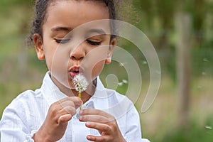 Biracial Mixed Race African American Girl Child Blowing A Dandelion