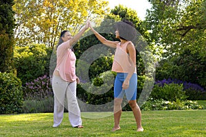 Biracial mother and daughter are high-fiving in garden at home photo
