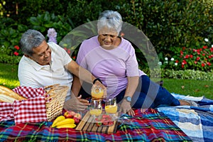 Biracial senior man pouring juice in glass while enjoying picnic with wife against plants in park