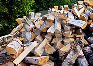Birch chopped firewood piled in a pile. Clouse-up, pattern, green bush background