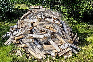 Birch firewood lies in a heap on the green grass. Moscow region, Russia.