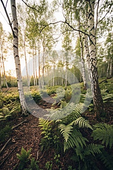 Birch forest with fern in small clearing photo