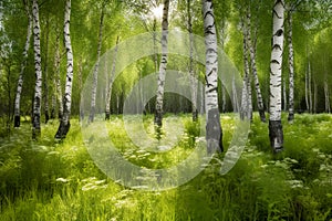 birch forest in sunlight in the morning, natural landscape background. Generative AI