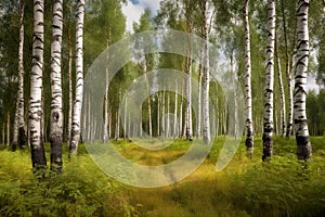 birch forest in sunlight in the morning, natural landscape background. Generative AI