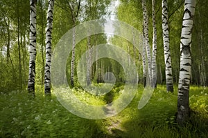 birch forest in sunlight in the morning, natural landscape background. Generative AI