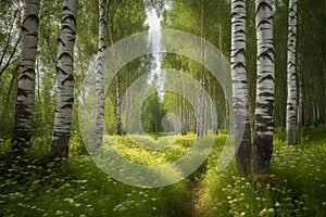 birch forest in sunlight in the morning, natural landscape background. Generative AI