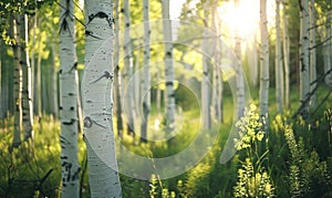 birch forest in sunlight in the morning, soft focus background