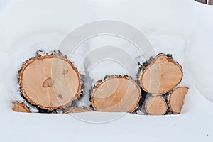 Birch lumps are under the snow. Firewood under the snow